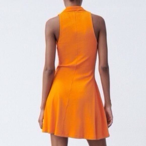 Zara Women S Orange Ribbed Sporty Sleeveless V-Neck Lapel Collar Skater Dress - Picture 2 of 9